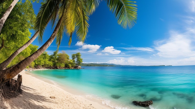 beautiful beach with palms and turquoise sea in Jamaica island