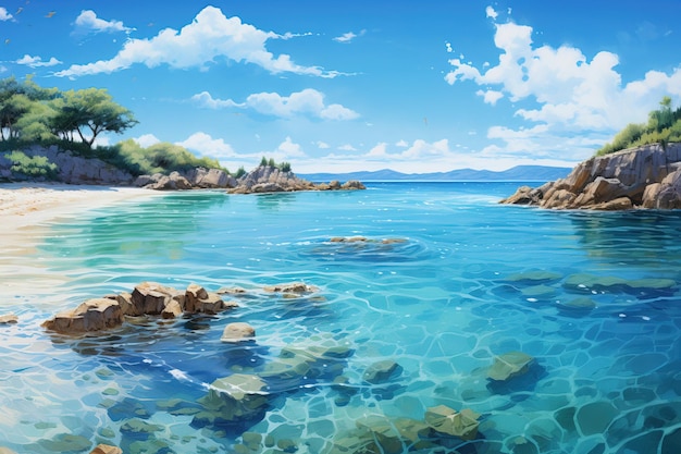 A beautiful beach with a panoramic sea view clean water and a blue sky