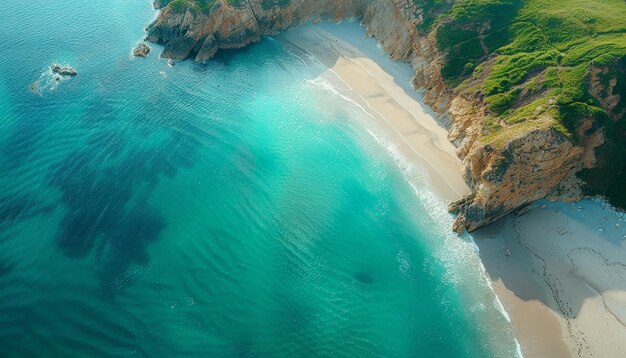 Photo a beautiful beach with a rocky cliff in the background