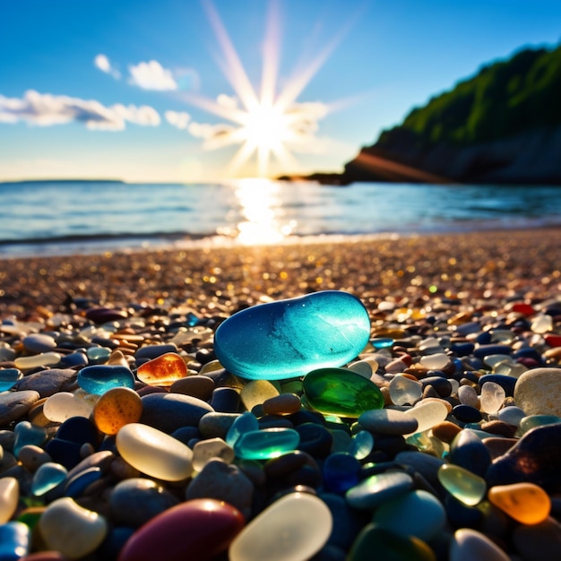 Красивый пляж с камнями из цветного стекла Ай создал искусство
