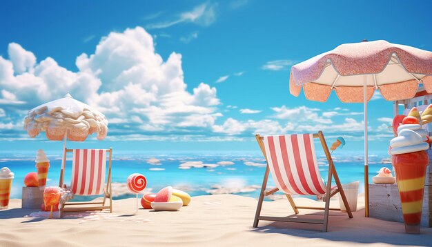 A beautiful beach with sun beach chairs and ice cream stands