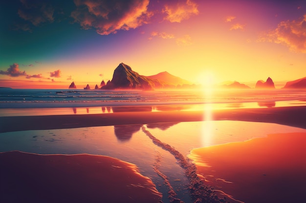 日没または日の出の背景を持つ美しいビーチ