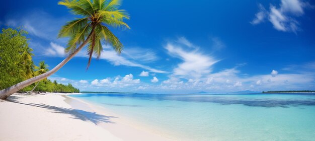 写真 白い砂浜とターコイズブルーの海の青い空と雲と水の上のヤシの木のある美しいビーチ