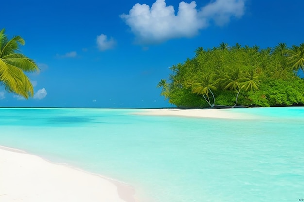 beautiful beach with white sand turquoise ocean blue sky with clouds and coconut tree over the water