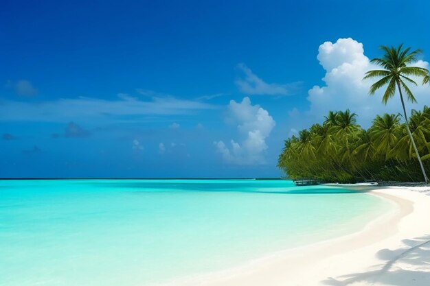 beautiful beach with white sand turquoise ocean blue sky with clouds and coconut tree over the water