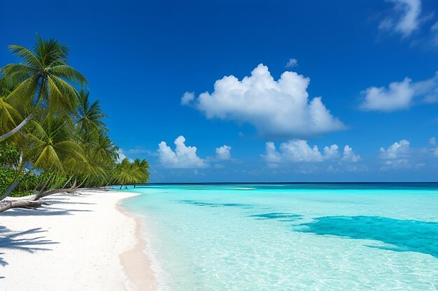 beautiful beach with white sand turquoise ocean blue sky with clouds and coconut tree over the water