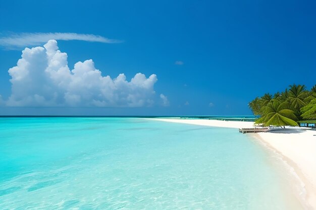 Beautiful beach with white sand turquoise ocean blue sky with clouds and coconut tree over the water