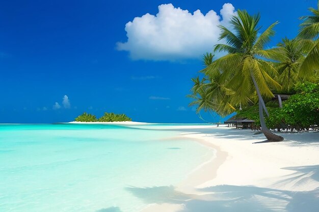 Beautiful beach with white sand turquoise ocean blue sky with clouds and coconut tree over the water