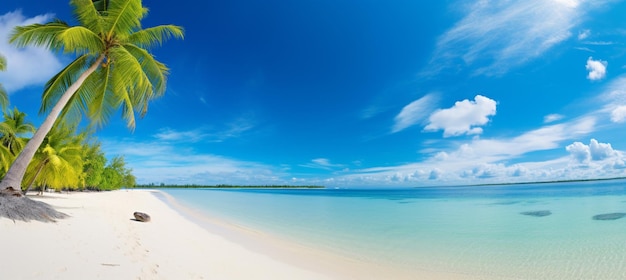 Beautiful beach with white sand turquoise ocean blue sky with clouds and palm tree over the water