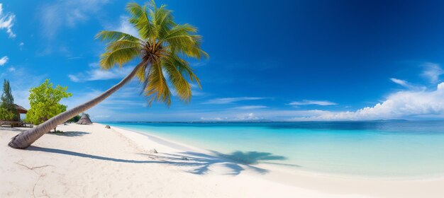 Beautiful beach with white sand turquoise ocean blue sky with clouds and palm tree over the water