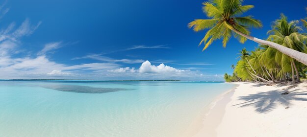 Beautiful beach with white sand turquoise ocean blue sky with clouds and palm tree over the water