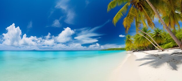 Beautiful beach with white sand turquoise ocean blue sky with clouds and palm tree over the water