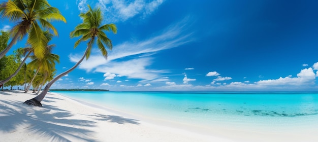 Beautiful beach with white sand turquoise ocean blue sky with clouds and palm tree over the water