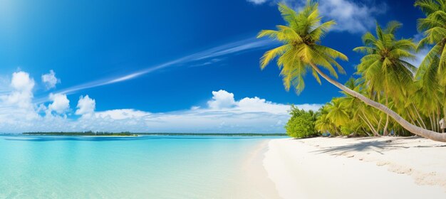 Beautiful beach with white sand turquoise ocean blue sky with clouds and palm tree over the water