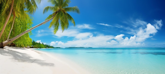 Beautiful beach with white sand turquoise ocean blue sky with clouds and palm tree over the water