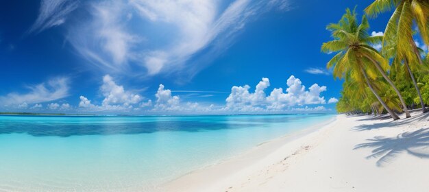 Beautiful beach with white sand turquoise ocean blue sky with clouds and palm tree over the water