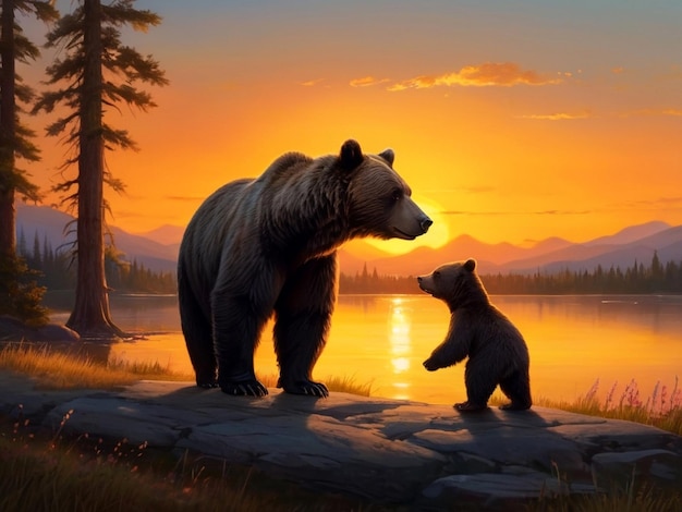 A beautiful bear and baby bear standing in front of a sunset