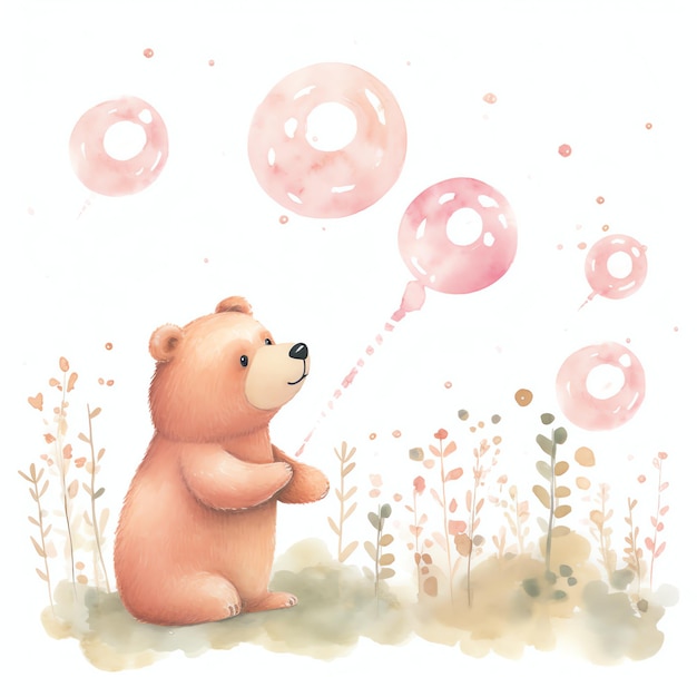 Foto bella illustrazione di clipart dell'acquerello dell'orso che soffia bolle
