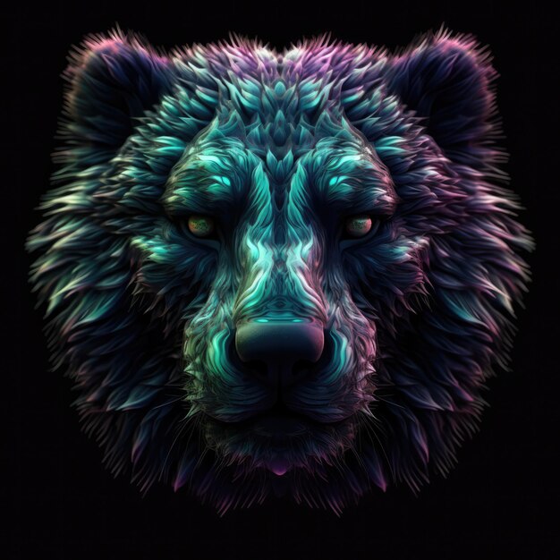Beautiful Bear Face In Green Purple Fire On Black Background Dazzling And Radiant Generative AI