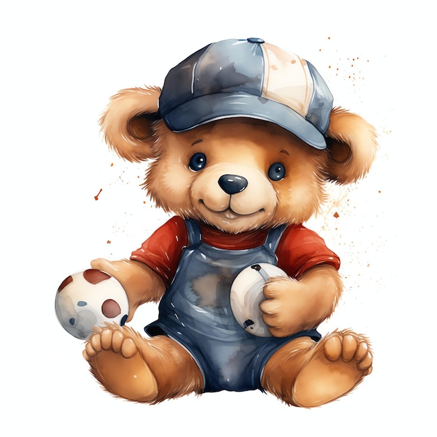 Photo beautiful bear with baseball cap watercolor clipart illustration