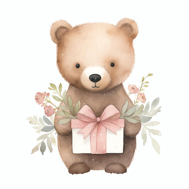 Foto bellissimo orso con illustrazione clipart acquerello regalo
