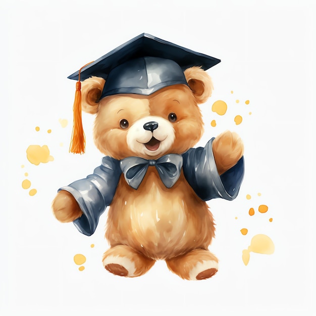 Photo beautiful bear with graduation gown watercolor clipart illustration