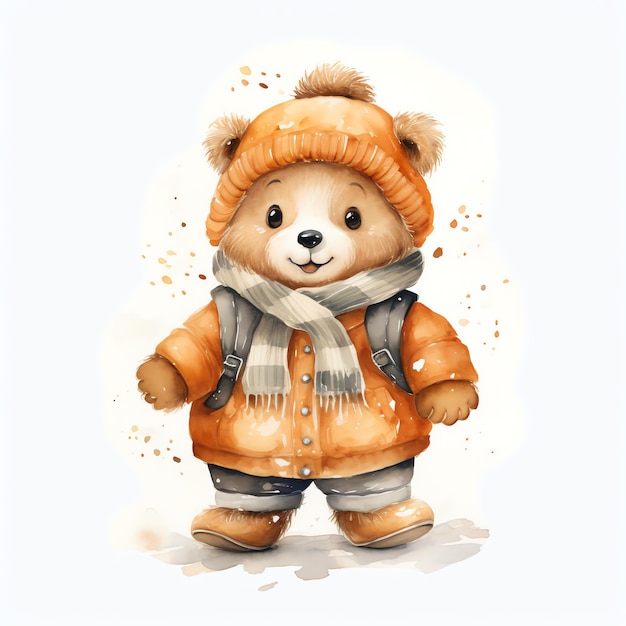 beautiful Bear with Mittens watercolor clipart illustration