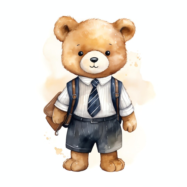 Beautiful bear with school uniform watercolor clipart illustration