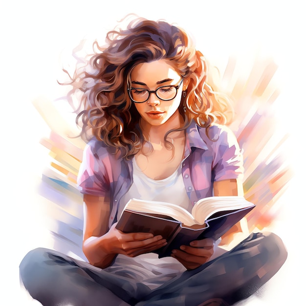 красивая женская модель книжного червя читает книгу акварель клипарт иллюстрация