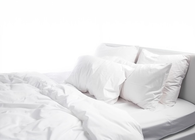 Красивая кровать в спальне с матрасом и простынями, не вычищенный беспорядок, созданный AI