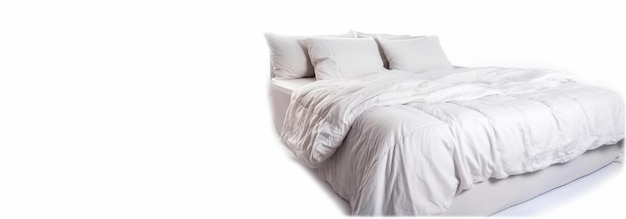 Красивая кровать в спальне с матрасом и простынями, не вычищенный беспорядок, созданный AI