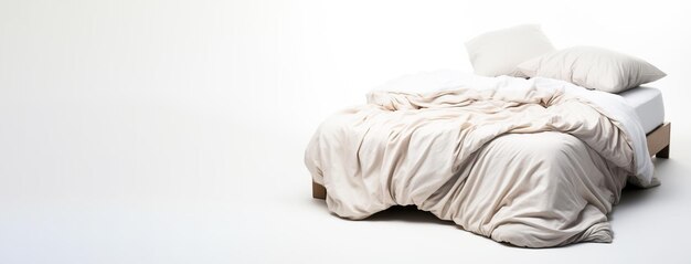 Beautiful bed in bedroom with mattress and sheets not cleaned mess Header banner mockup with copy