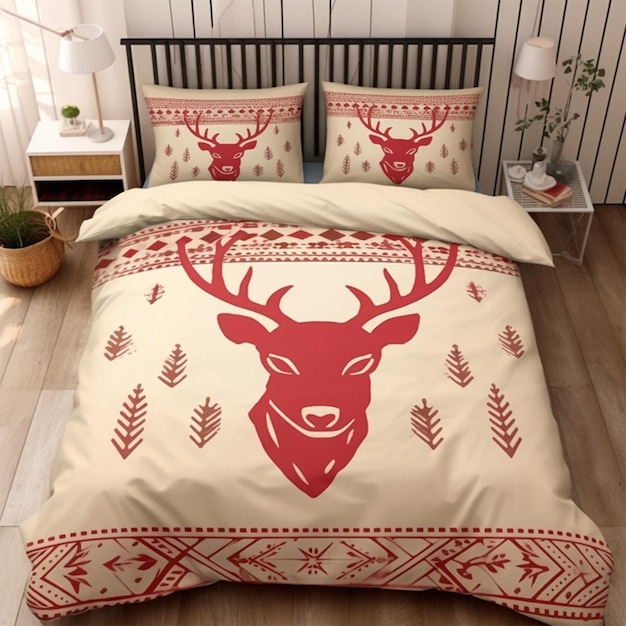 beautiful bed blanket with red deers and white on it