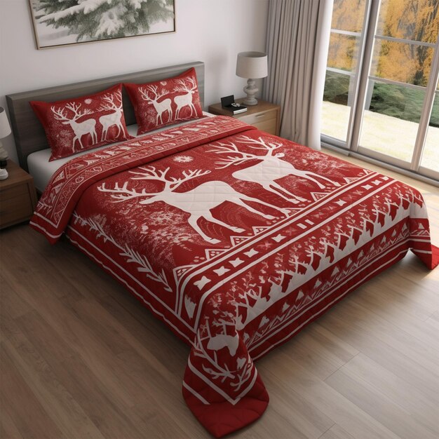 beautiful bed blanket with red and white deers on it
