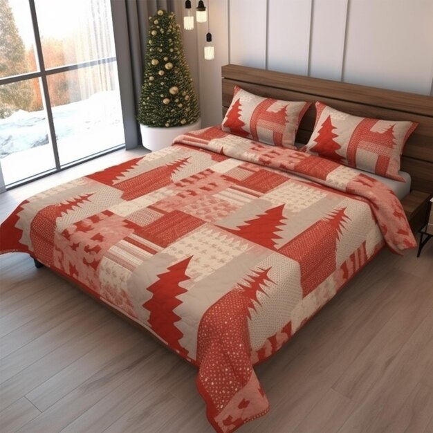 beautiful bed blanket with red and white on it