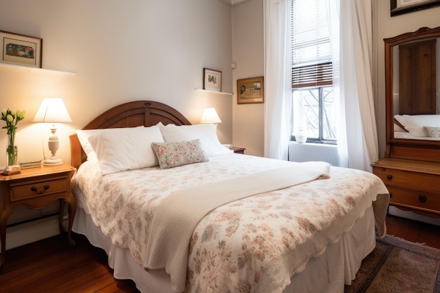 Beautiful bed with freshly laundered sheets surrounded by simple and elegant furnishings created wit