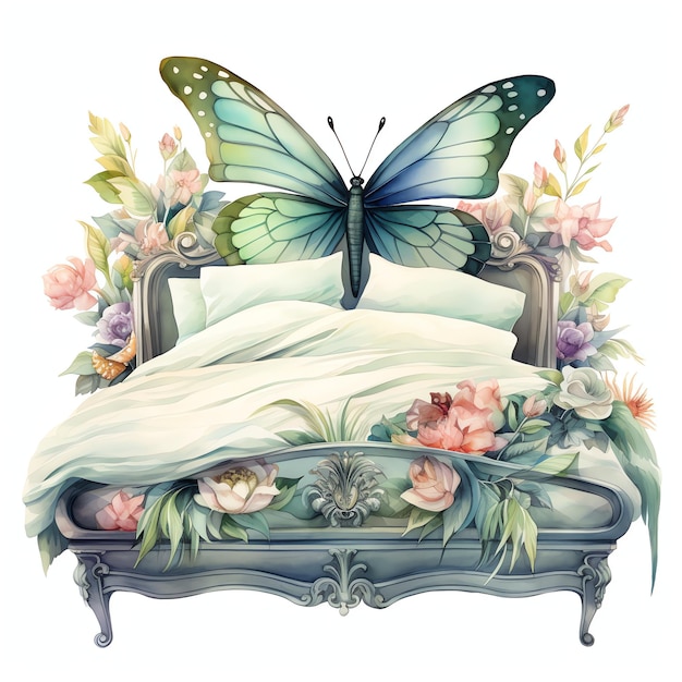 beautiful bed with wings magical fairytale clipart illustration