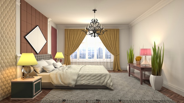 Beautiful bedroom interior in 3d rendering illustration