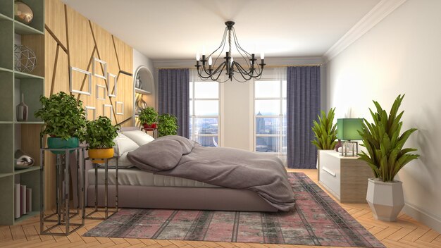 Beautiful bedroom interior in 3d rendering illustration