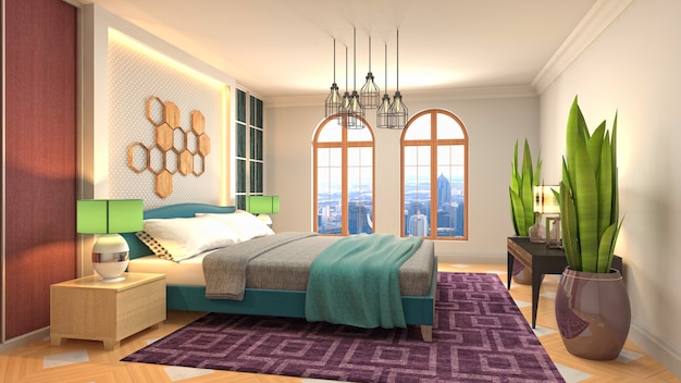 Beautiful bedroom interior in 3d rendering illustration