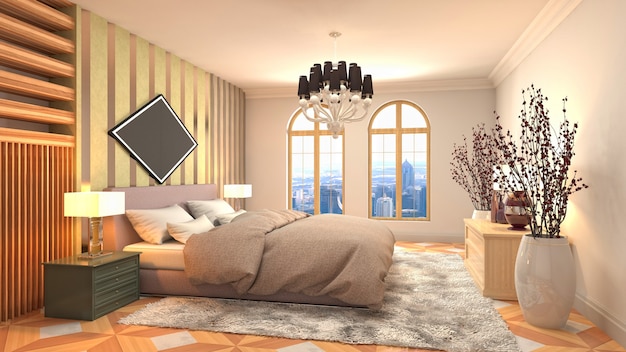 Beautiful bedroom interior in 3d rendering illustration