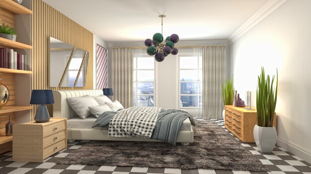 Beautiful bedroom interior in 3d rendering illustration