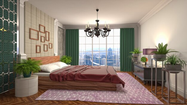 Beautiful bedroom interior in 3d rendering illustration