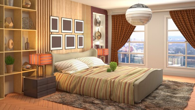 Beautiful bedroom interior in 3d rendering illustration