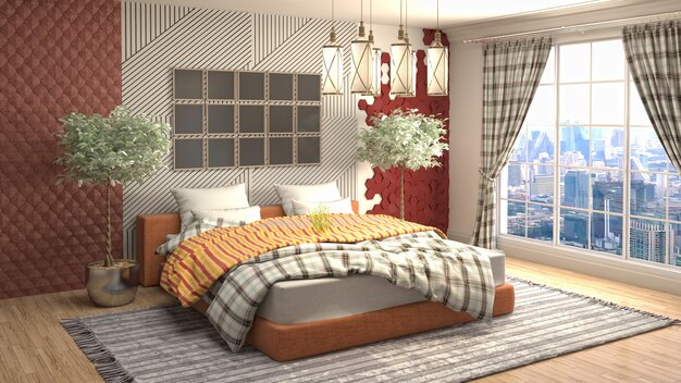 Beautiful bedroom interior in 3d rendering illustration