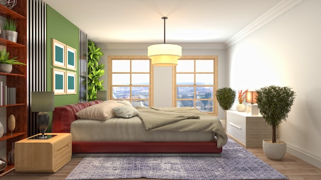3Dレンダリングイラストの美しい寝室のインテリア