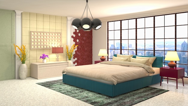 Красивый интерьер спальни в 3d-рендеринге