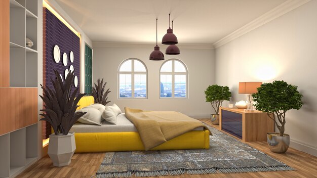 Beautiful bedroom interior in 3d rendering illustration