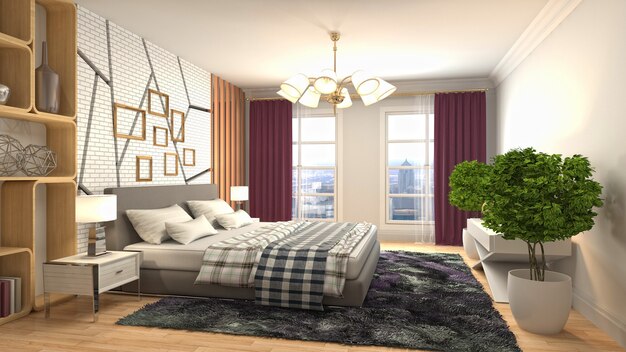 Beautiful bedroom interior in 3d rendering illustration