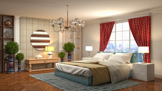 Beautiful bedroom interior in 3d rendering illustration